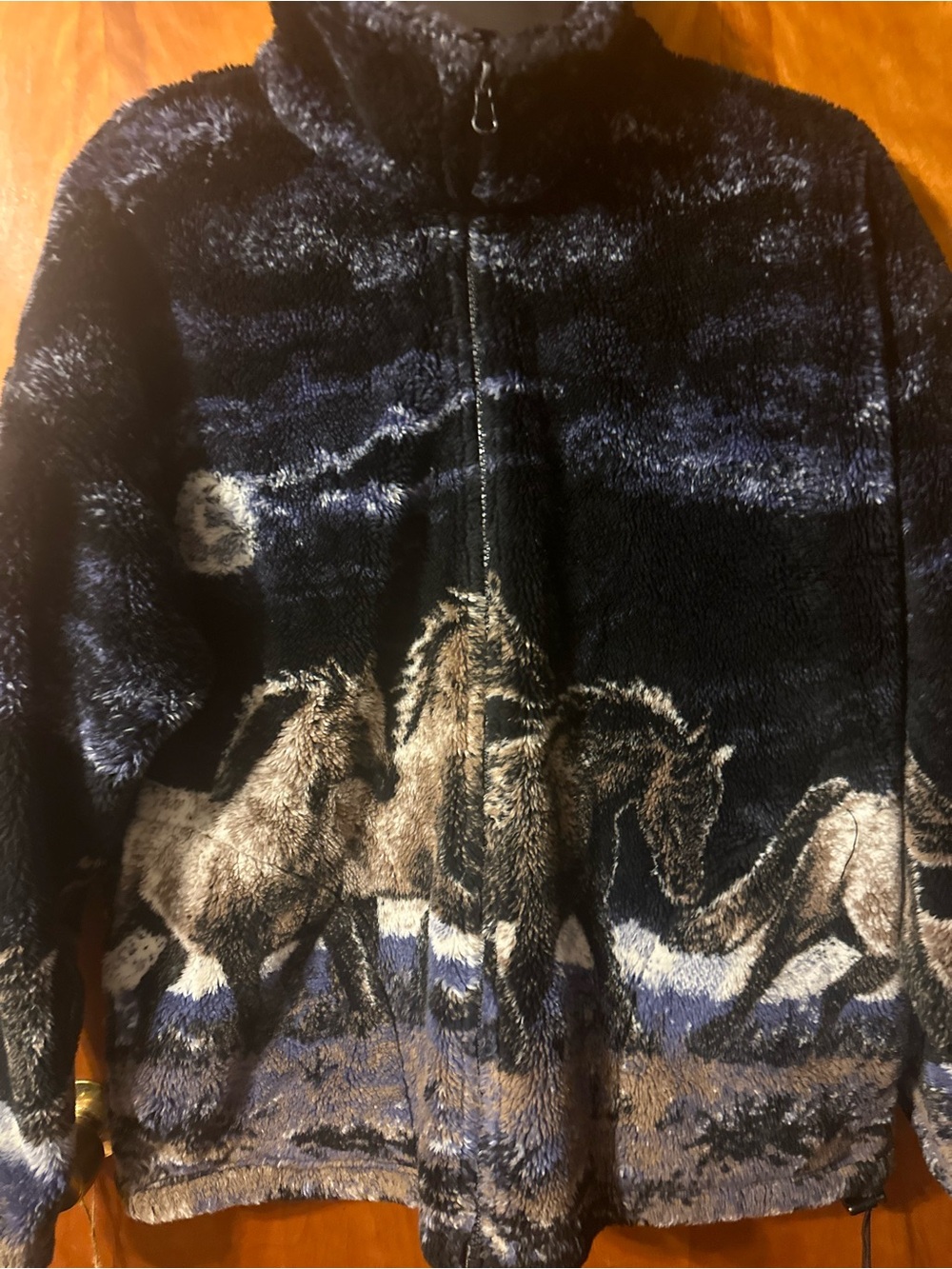 90’s VINTAGE Mazmania Black Horse-Print fleece plush jacket Unisex - Picture 2 of 16